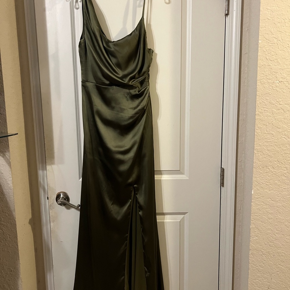 Revelry Olive Satin Backless Dress
